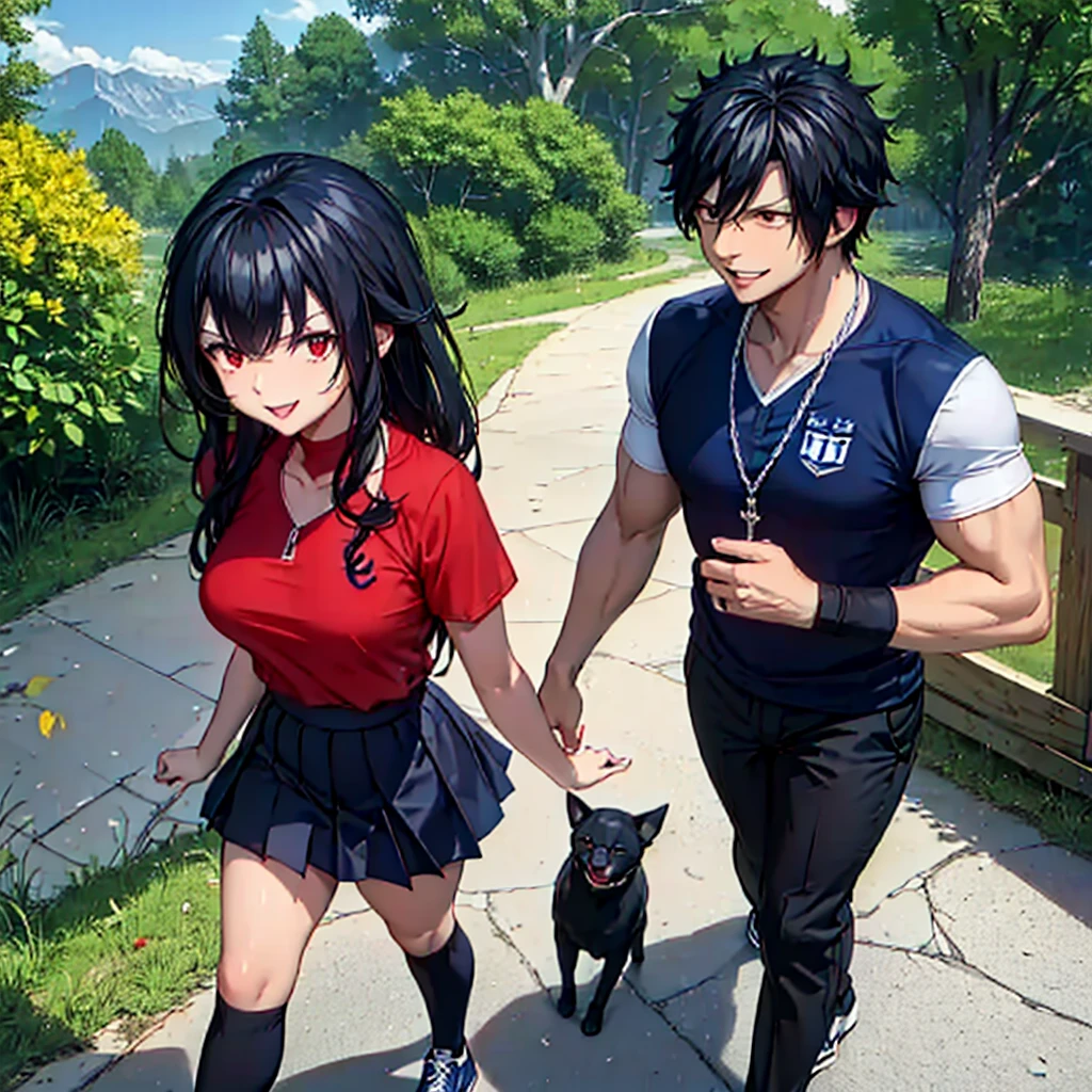 A man holding hands with his wife walking on the concrete floor of a park in autumn weather, (man wearing navy blue football player uniform, football helmet, navy blue shirt, white sports shorts, black hair, black eyes , muscular, smiling.), (wife wearing red shirt with number 20, black skirt, cheerleader style, sports sneakers, long black socks, long hair, black hair, red eyes, smiling,),(man and wife only)
