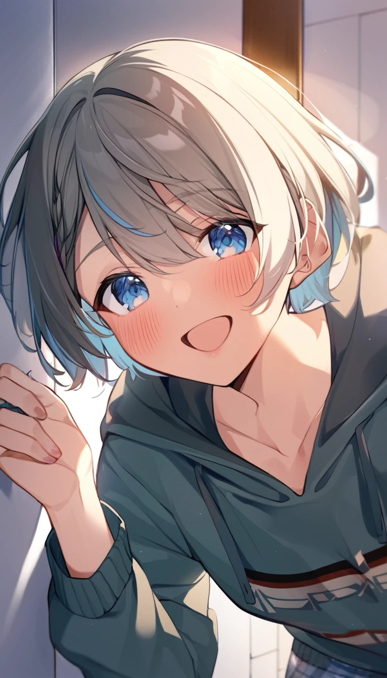 one girl, boyish, cool, cheerful girl, light blue eyes, my best friend, feel happy, girl look at me, blush, lovely, my girlfriend, short hair,