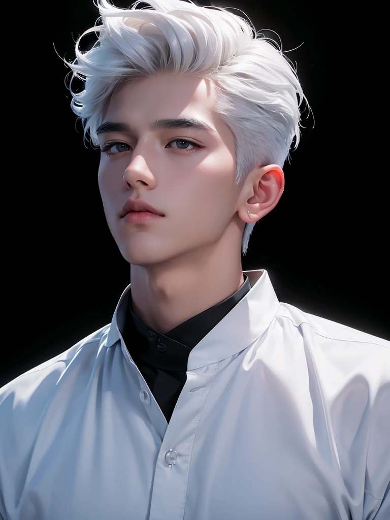 ((best quality, 8K, masterpiece: 1.3)), (sharp focus: 1.2), Korean Men, matchless, white hair, Temptation, Calm head, black shirt, black background, White skin, natural expression, Cute face, Composition looking up, Asian face