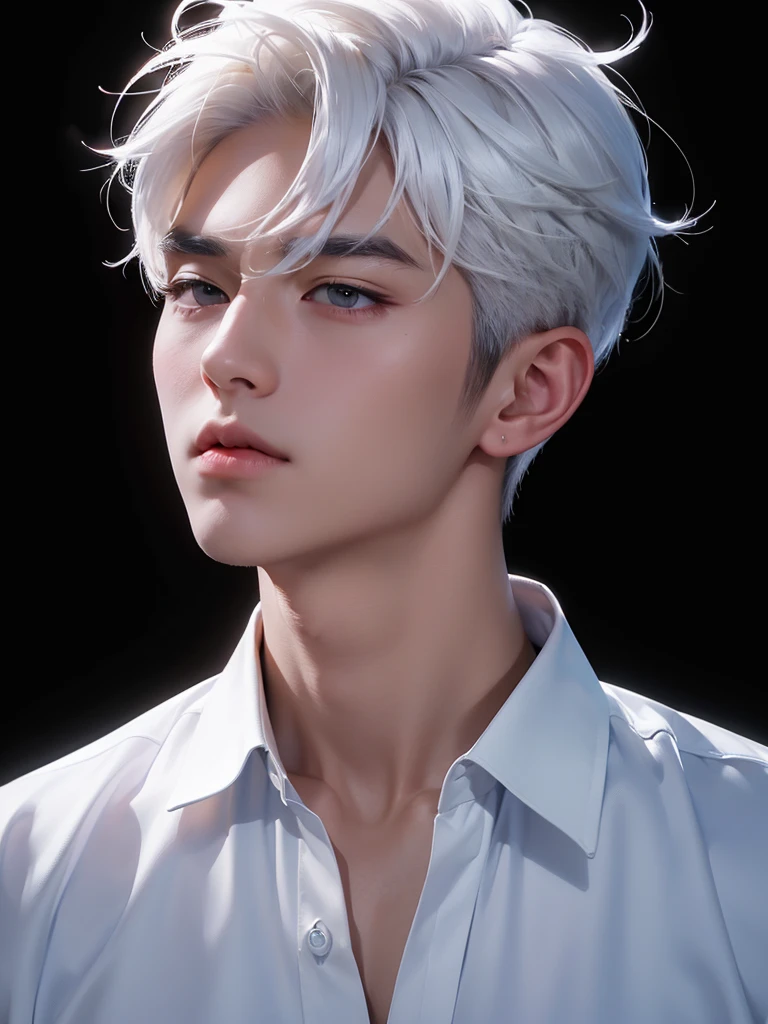 ((best quality, 8K, masterpiece: 1.3)), (sharp focus: 1.2), Korean Men, matchless, white hair, Temptation, Calm head, black shirt, black background, White skin, natural expression, Cute face, Composition looking up, Asian face