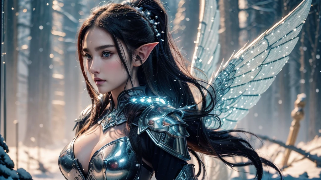 Close-up of woman holding sword and armor, Armor Girl, 2. 5D CGI anime fantasy artwork, Large Breasts，Epic fantasy digital art style, detailed Digital 2D fantasy art, Digital 2D fantasy art, original photo, (best quality:1.3), high resolution, (masterpiece), (lifelike:1.4), Professional photography, Clear focus, High Dynamic Range, 8k resolution, Intricate details, Fine details, Depth of Field, Extremely detailed CG unified 8k wallpaper, masterpiece，poster，best quality，Official Art，（Beauty and aesthetics：1.2），（masterpiece：1.3），Female Elf，individual，Light Leather Armor，complex pattern，snow，Cyberpunk style future city，Medium distance photography，（early morning），dramatic，Glowing Wings，
