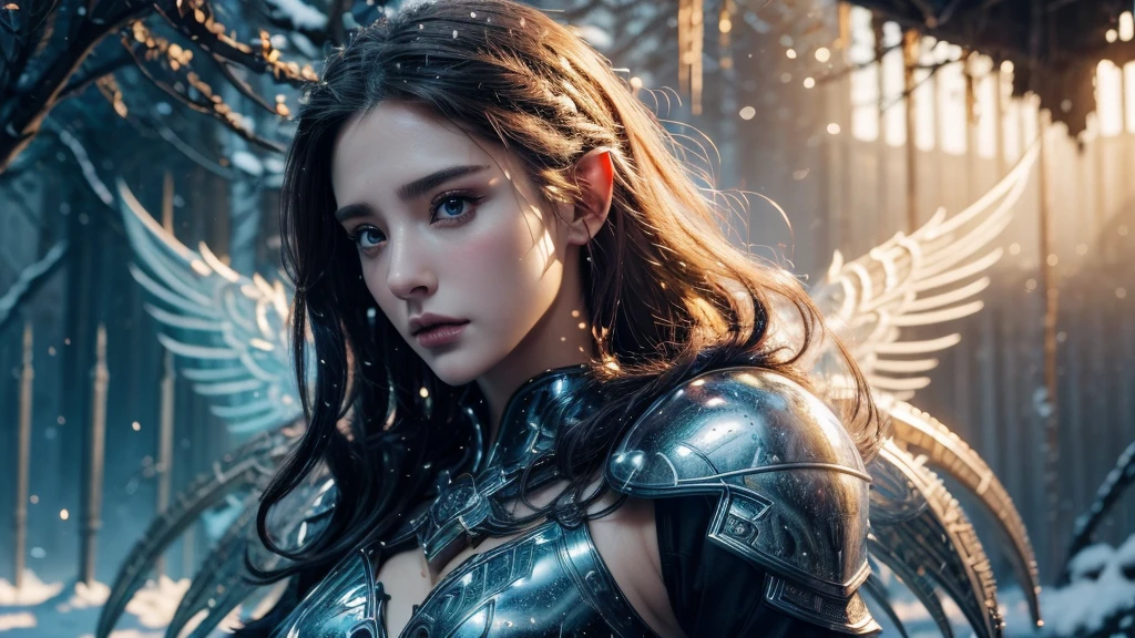 Close-up of woman holding sword and armor, Armor Girl, 2. 5D CGI anime fantasy artwork, Large Breasts，Epic fantasy digital art style, detailed Digital 2D fantasy art, Digital 2D fantasy art, original photo, (best quality:1.3), high resolution, (masterpiece), (lifelike:1.4), Professional photography, Clear focus, High Dynamic Range, 8k resolution, Intricate details, Fine details, Depth of Field, Extremely detailed CG unified 8k wallpaper, masterpiece，poster，best quality，Official Art，（Beauty and aesthetics：1.2），（masterpiece：1.3），Female Elf，individual，Light Leather Armor，complex pattern，snow，Cyberpunk style future city，Medium distance photography，（early morning），dramatic，Glowing Wings，