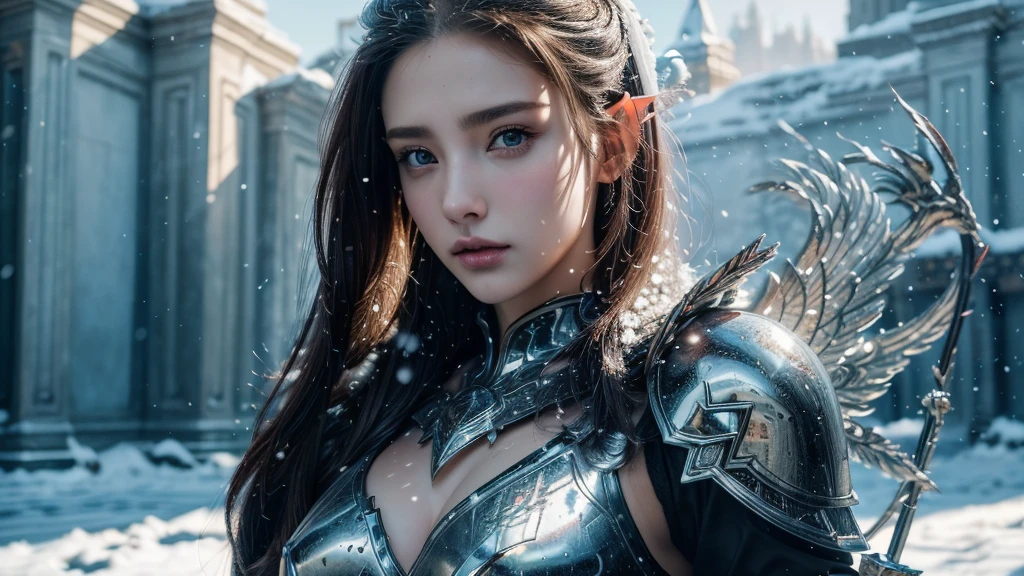 Close-up of woman holding sword and armor, Armor Girl, 2. 5D CGI anime fantasy artwork, Large Breasts,Epic fantasy digital art style, detailed Digital 2D fantasy art, Digital 2D fantasy art, original photo, (best quality:1.3), high resolution, (masterpiece), (lifelike:1.4), Professional photography, Clear focus, High Dynamic Range, 8k resolution, Intricate details, Fine details, Depth of Field, Extremely detailed CG unified 8k wallpaper, masterpiece,poster,best quality,Official Art,(Beauty and aesthetics:1.2),(masterpiece:1.3),Female Elf,individual,Light Leather Armor,complex pattern,snow,Cyberpunk style future city,Medium distance photography,(early morning),dramatic,Glowing Wings,