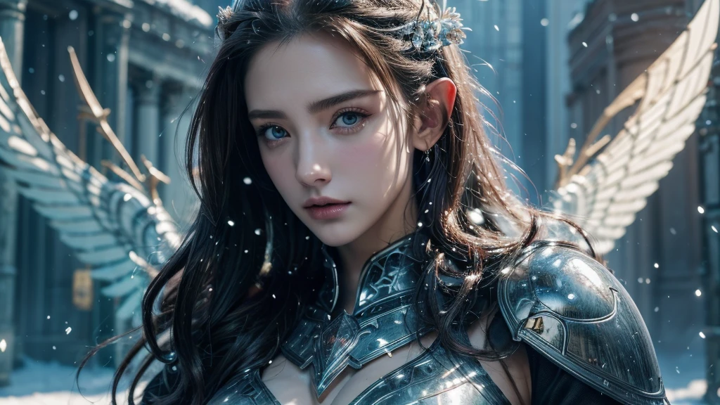 Close-up of woman holding sword and armor, Armor Girl, 2. 5D CGI anime fantasy artwork, Large Breasts,Epic fantasy digital art style, detailed Digital 2D fantasy art, Digital 2D fantasy art, original photo, (best quality:1.3), high resolution, (masterpiece), (lifelike:1.4), Professional photography, Clear focus, High Dynamic Range, 8k resolution, Intricate details, Fine details, Depth of Field, Extremely detailed CG unified 8k wallpaper, masterpiece,poster,best quality,Official Art,(Beauty and aesthetics:1.2),(masterpiece:1.3),Female Elf,individual,Light Leather Armor,complex pattern,snow,Cyberpunk style future city,Medium distance photography,(early morning),dramatic,Glowing Wings,