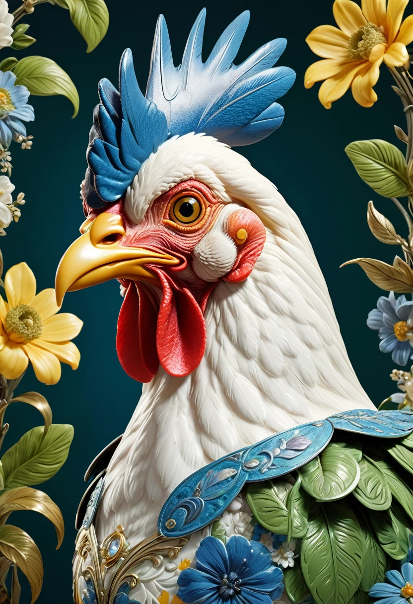 Mechanical chicken head,lifelike,Anthropomorphic chicken,Character setting,Ultra-detailed graphics,Delicate face,8K,magazine cover,Floral background decoration,Strong color contrast,Darker color,Blue, green and white