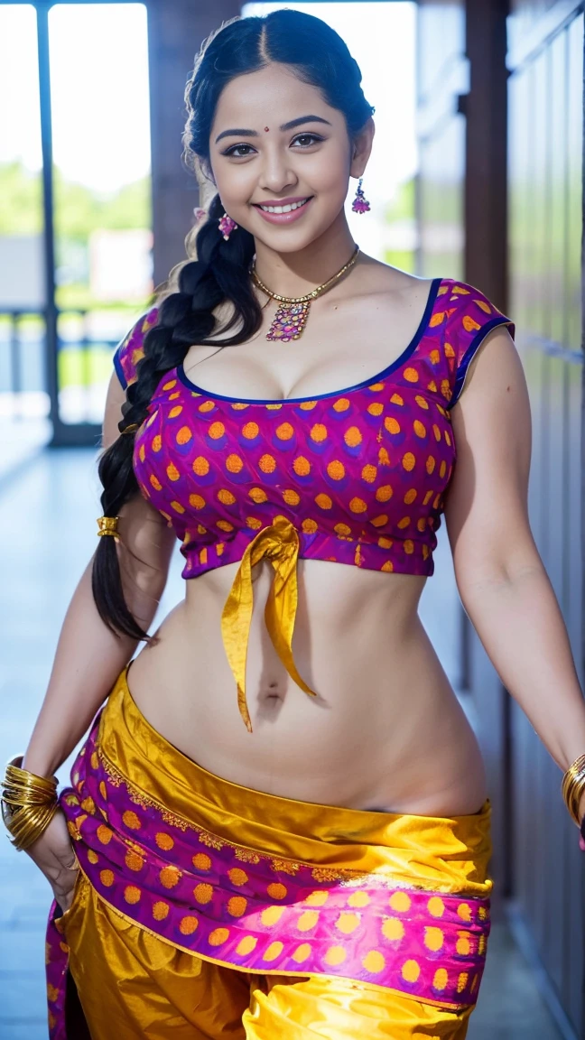 HD wallpaper 32k cinematic shoot of a Beautiful cute girl, with thick thighs and a curvy waist, twin braids,  wearing an Indian blouse top, horny, seductively, in a school corridor, dotted blouse top, smiling, ((long curvy waist)), ((lowwaist)), ((curvy waist))