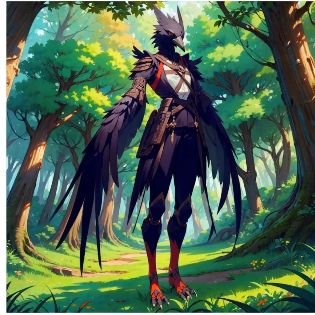 prospect(Anthropomorphic crow、Wearing ancient adventurer gear、The arms and hands are integrated with the bird&#39;s wings, and there are no bird wings on the back. Only the arms and hands have bird wings.、The feet are claws)、With background (Dense forest)