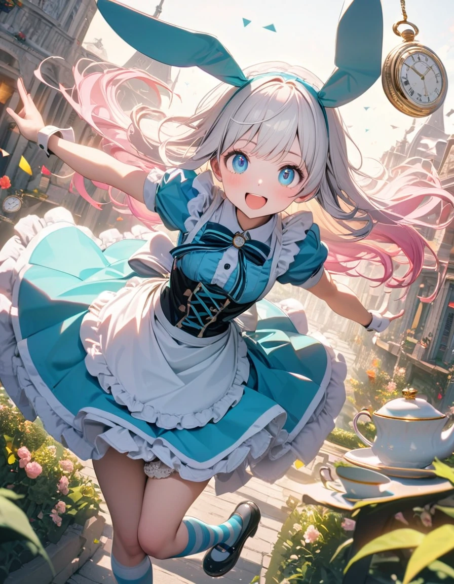 (8K, best quality, master piece: 1.2),triangular composition,super high resolution, ultra-detailed face, detailed eyes,perfect hands,black facinator ribbon decoration:1.2,perfect fingers,blue eyes,gradient hair(white hair, light pink hair) , long hair, Aqua ta fashion, white frilled apron,happy, Alice costume,striped pattern over-kneehighs,mary janes,teacup and teapot and Pocket watch are floating in the air,Alice is flying and dynamic pose,rim light, cute,one rabbit is flying, Look at viewer,garden