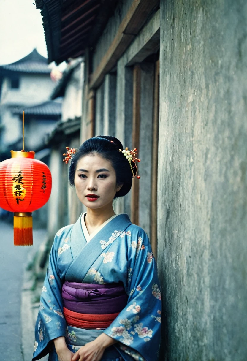 half body, front view, Cinematic portrait movie scene, Julibrary 3: A Geisha (set in Hanoi) in the streets of Hanoi, grungy walls, poors houses, japanese lanterns, crepuscular light, Fujifilm Provia 100F, Fujifilm X100V, Light leaks, 36K, Analog Style