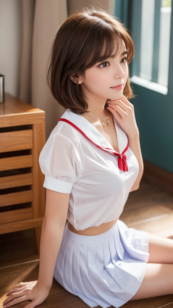 Masterpiece full HD 8k raw photo perfect body perfect face 1 cute 18 year old girl short straight brown hair brown eyes perfect body slim thighs small breasts small butt dressed in a white sailor blouse with a low neckline and a short red pleated school skirt while she is doing a sexy pose on all fours while making a pleased and blushing face looking at the viewer making the viewer fall in love with the view focused on her perfect face from the side seen from the side