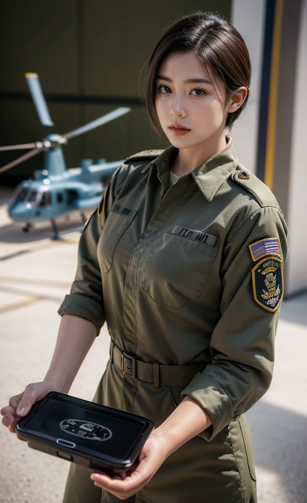 Hyper Reality 8kCG,masterpiece,Best quality,(Photo Realism:1.4),HDR,major,RAW photos,Lens flare,(Film Grain:1.1),((Depth of Field)),,Realistic photos、Realistic skin texture、(A beautiful Korean female soldier),Eyes with spirit,Short hair and smart hair,Wearing sexy military uniform,Military aircraft front,full-body shot,Advanced military helicopter in the background。