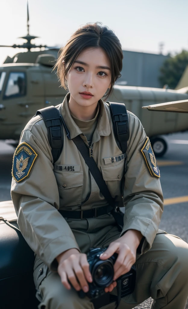 Hyper Reality 8kCG，masterpiece，Best quality，(Photo Realism:1.4)，HDR，major，RAW photos，Lens flare，(Film Grain:1.1)，((Depth of Field))，,Realistic photos、Realistic skin texture、（A beautiful Korean female soldier），Eyes with spirit，Short hair and smart hair，Wearing sexy military uniform，Military aircraft front，full-body shot，Advanced military helicopter in the background。