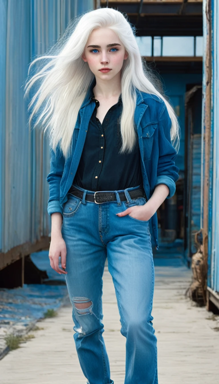 17 year old girl with white hair, White skin, blue eyes and with wide jeans full body 
