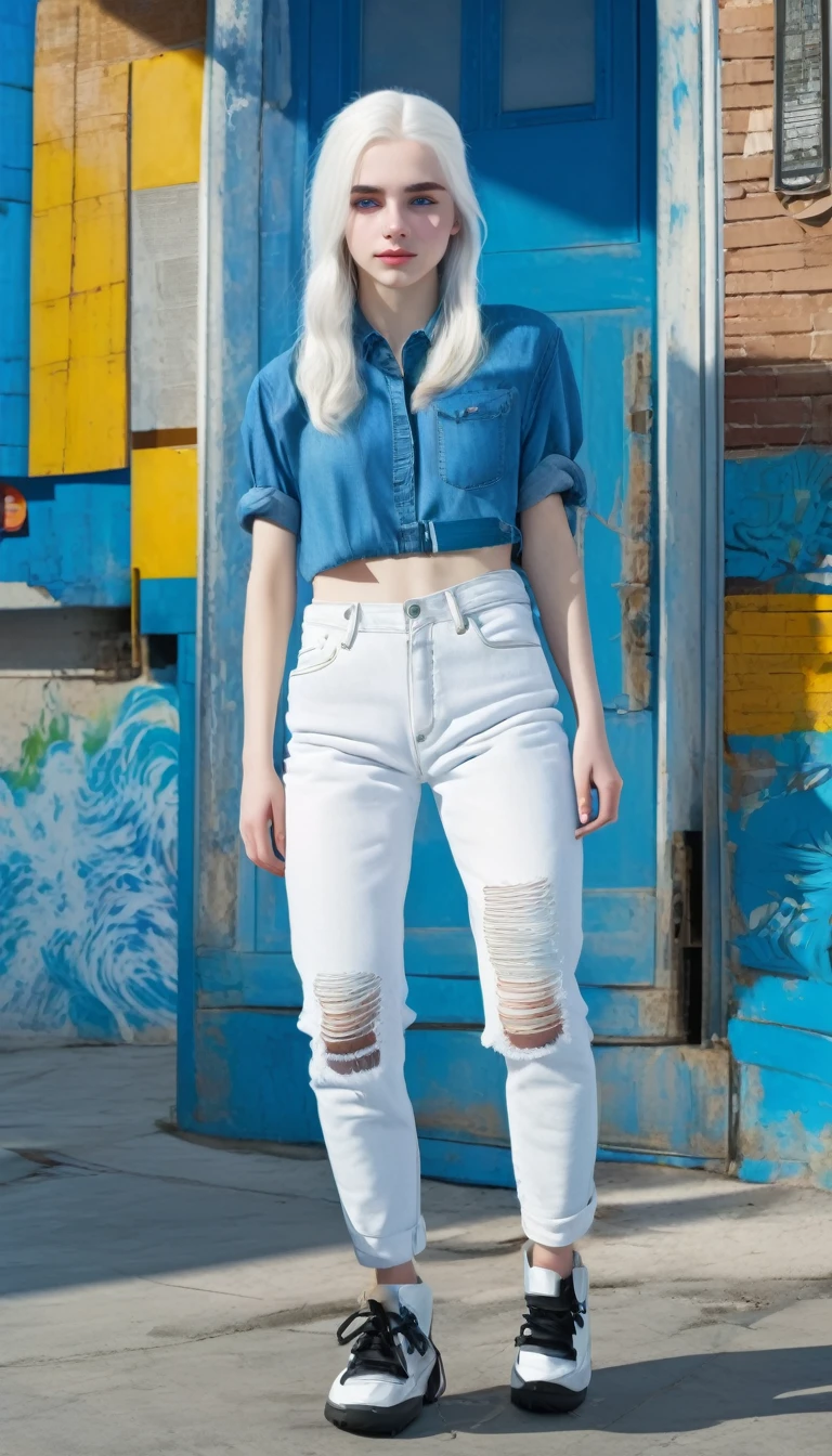 17 year old girl with white hair, White skin, blue eyes and with wide jeans full body