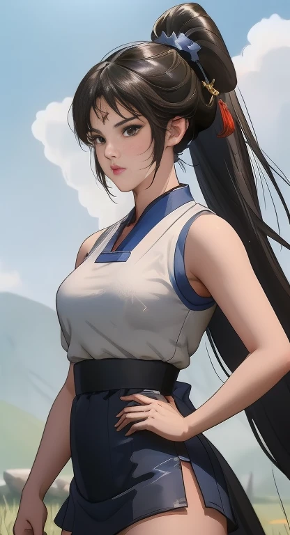 pomp, Double-edged sword with blue ribbon, Brown eyes,Super mini skirt、Beautiful thighs、 Hammerhead,Black Hair, Solitary , tai chi stance, closure,
Pity,blue chinese dress, Red band, Pants, sleeveless,
 Blue sky, cloudy, night, grassland, 
(Extremely detailed, Beautiful and delicate face, masterpiece, best quality)   Close up of cartoon character with ponytail in the field, portrait of ChunLi, portrait of ChunLi, ChunLi, ChunLi, ChunLi, Inspired by Li Miki, ChunLi at the gym, Tifa Lockhart portrait, Highly detailed art germ, Meinoichi, Inspired by Zhu Lian, Inspired by Wu Li