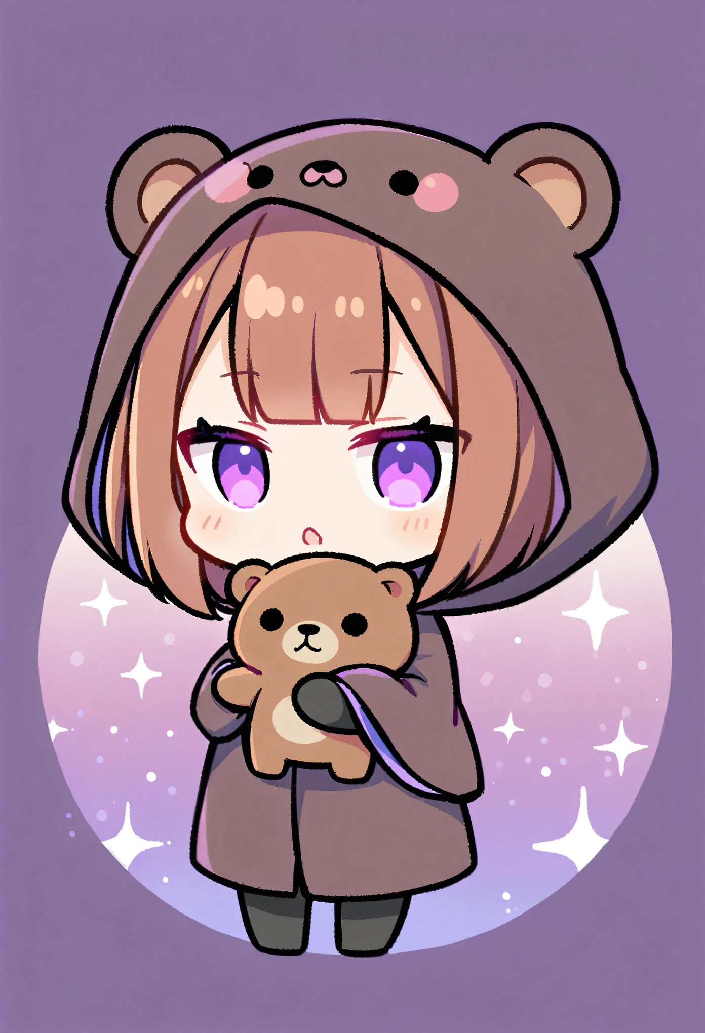 bangs bangs、Bangs、Crisp bangs、long brown hair、Wearing a dark brown bear hood、茶髪ロングのChibi Character、Wearing a dark brown bear ear hooded blanket、Purple Eyes、Purple betta background、Chibi Character、Holding a teddy bear、Bear face hood