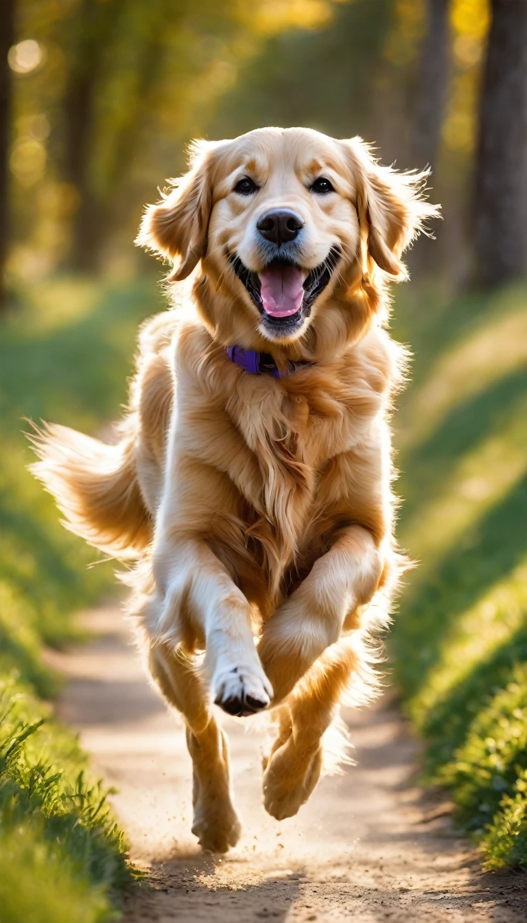 I want to create an image of an adult Golden Retriever dog running with an excited smile and wagging its tail as if meeting a nice person in the bedroom..
