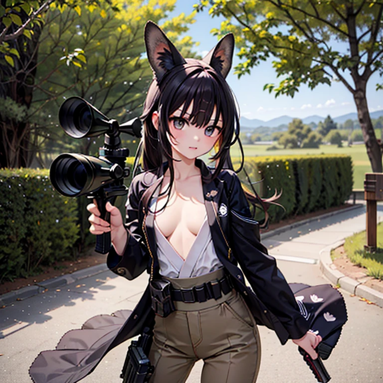 (Fox Girl, Fox Ears, Black colored hair, Fox Makeup, One Girl, Long Hair:1.6), (kimono, Kimono with open chest, A beautiful kimono with red and black patterns, I can see her cleavage, Open chest, Skin is visible:1.8), (Body measurements are 75-60-75!, Young girl body, Small breasts, Small breasts, Emphasize the chest, Sniper stance, Ready your gun?, Remington M40:1.9), Avatar, face, lewd face, Dominant representation, naughty face, Uplifting, Skin Texture, outside, Grassy field