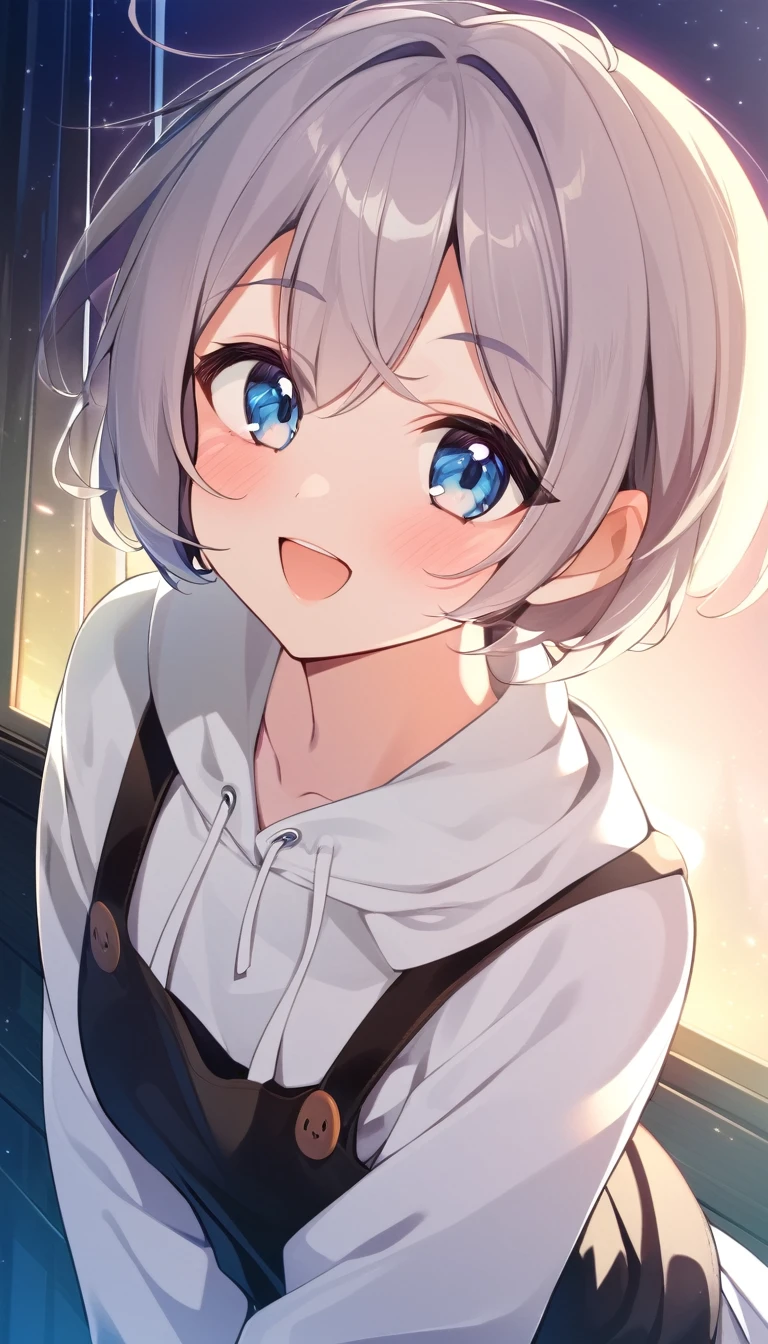 one girl, boyish, cool, cheerful girl, light blue eyes, my best friend, feel happy, girl look at me, blush, lovely, my girlfriend, short hair, cute