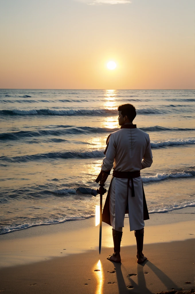 A male swordsman stood in the middle of the beach as the sun set.