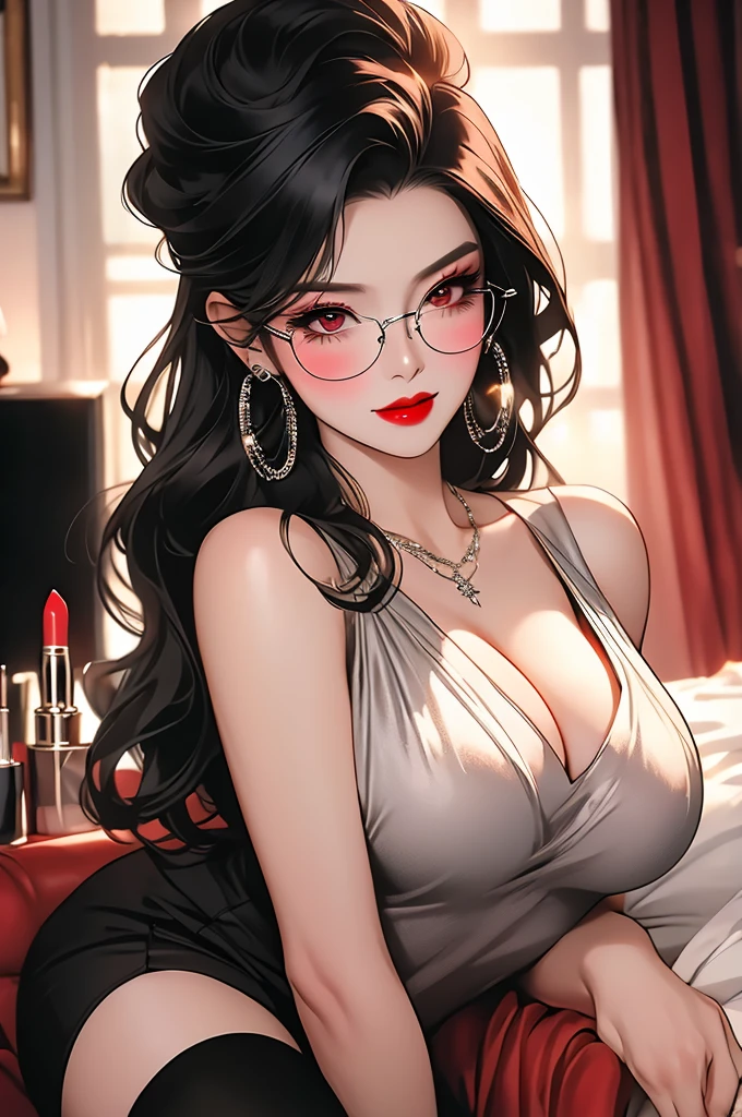 Masterpiece, best quality, 8K, high tone, super detail, Hot sexy beautiful cute milf , silver hoop earrings,big breasts, lipstick,makeup, black hair ,blush,short hair ,black glasses , stockings , red eyes,,makeup,red lipstick , business suit, stocking,big breasts, cleavage