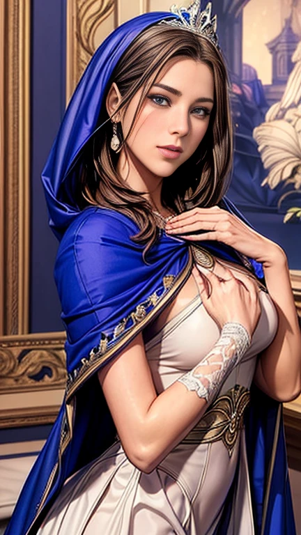(Best quality,A high resolution,Masterpiece:1.2),Ultra-detailed,Realistic:1.37,Traditional portrait style,Detailed face and eyes,Beautiful lips,fine brushwork,soft, Flowing hair,Delicate flowers in the background,Subtle color palette,Soft lighting,A seamless blend of realism and fantasy,Ethereal atmosphere,Traditional beauty,tempting pose,Crown, Luxurious royal blue cape, White fur, gem, Decorations, royal coat of arms,Vivid but not overwhelming colors,subtle texture,Meticulous attention to detail,Graceful posture,Expressive eyes,Feminine characteristics,ingenious composition,Artistic talent,An evocative gaze,Fantastical Atmosphere,A sensual and elegant performance,The perfect balance of elegance and sensuality,Delicate facial features and expressions.