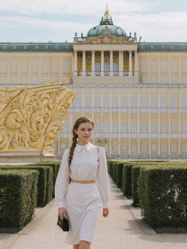 her name is Amelie, high quality, 1girl, ((20-year-old fit Caucasian woman)), ((20 years old)), ((fit)), ((Halo Braid)), pose: standing, wearing unique Generation-Z modern wear bright colored, BACKGROUND: In Schönbrunn Palace Gardens, with the grand palace in the background and beautifully manicured gardens all around
