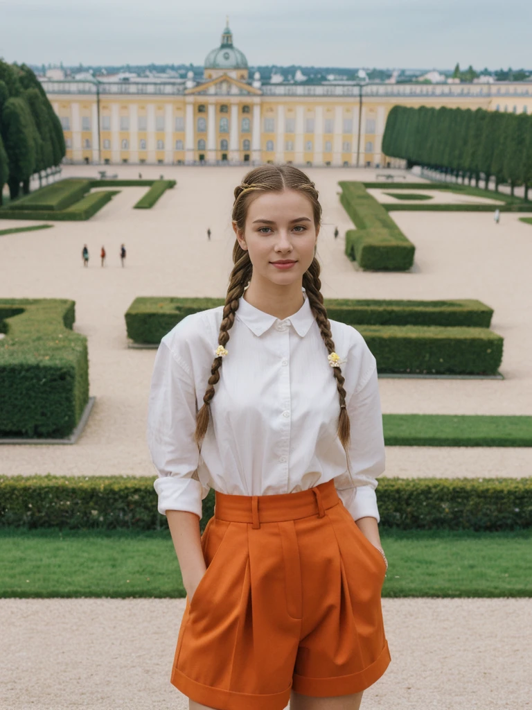 her name is Amelie, high quality, 1girl, ((20-year-old fit Caucasian woman)), ((20 years old)), ((fit)), ((Halo Braid)), pose: standing, wearing unique Generation-Z modern wear bright colored, BACKGROUND: In Schönbrunn Palace Gardens, with the grand palace in the background and beautifully manicured gardens all around