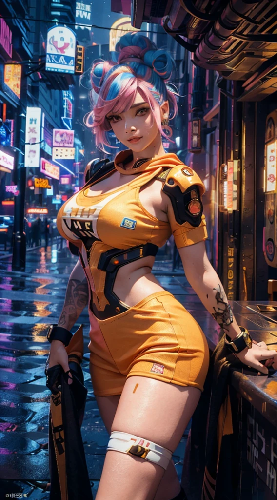 masterpiece, maximum quality, ultra high resolution, 8k, a girl,beauty,21years old,fair skin, extremely beautiful,strong gaze, alone,bust portrait,cyberpunk outfit, extremely detailed face, detailed eyes, mischievous smile, cheerful, realistic photo, totally realistic, human pelle, studio lighting,golden ratio body, wide hips,perfect legs, big ass,pink hair, double buns,blunt bangs,orange and white clothing,D-cup breasts,in the cyberpunk city,cyberpunk city background,((night)),rain,side pose,tattoos,happy