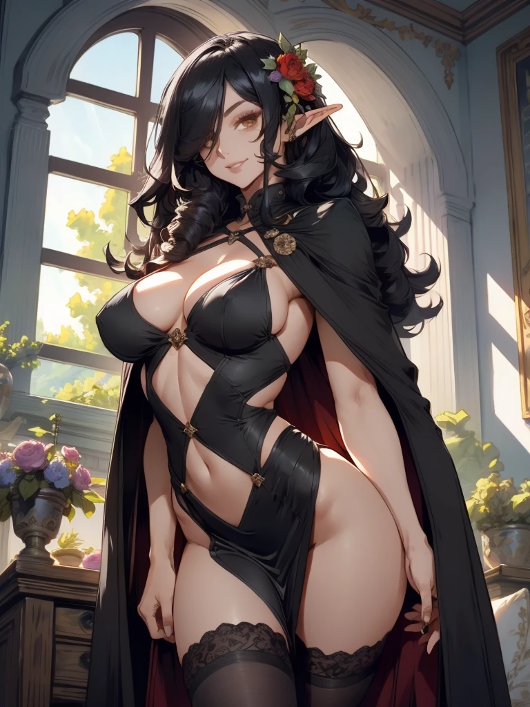 pointy ears, 1girl, breasts, hair over one eye, large breasts, yellow eyes, dress, cape, solo, cleavage, smile, elf, looking at viewer, hair ornament, pelvic curtain, covered navel, black hair, long hair, black dress, window, cloak, thighhighs, indoors, flower