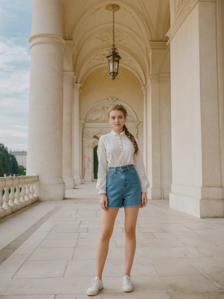 her name is Amelie, high quality, 1girl, ((20-year-old fit Caucasian woman)), ((20 years old)), ((fit)), ((Halo Braid)), pose: standing, wearing unique Generation-Z modern wear bright colored, BACKGROUND: In Schönbrunn Palace Gardens, with the grand palace in the background and beautifully manicured gardens all around