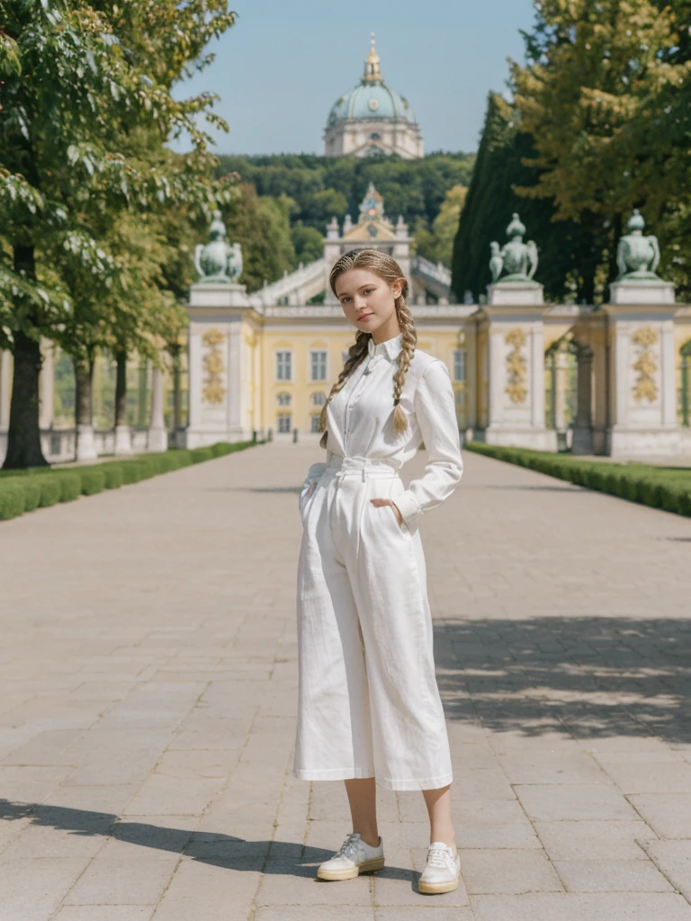 her name is Amelie, high quality, 1girl, ((20-year-old fit Caucasian woman)), ((20 years old)), ((fit)), ((Halo Braid)), pose: standing, wearing unique Generation-Z modern wear bright colored, BACKGROUND: In Schönbrunn Palace Gardens, with the grand palace in the background and beautifully manicured gardens all around