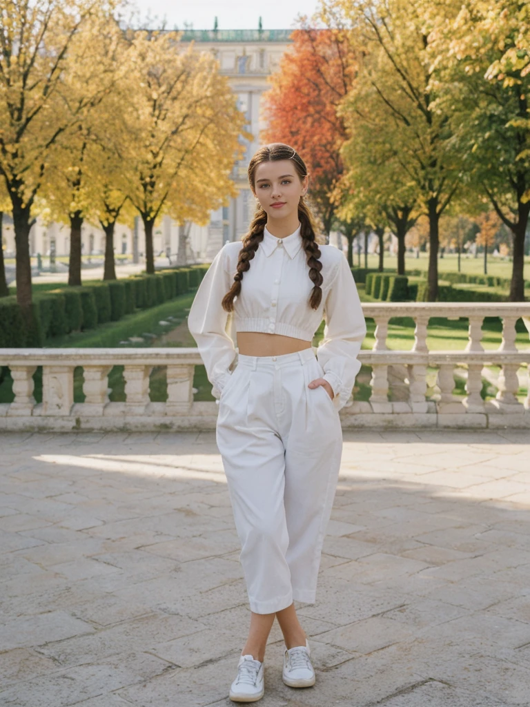 her name is Amelie, high quality, 1girl, ((20-year-old fit Caucasian woman)), ((20 years old)), ((fit)), ((Halo Braid)), pose: standing, wearing unique Generation-Z modern wear bright colored, BACKGROUND: In Schönbrunn Palace Gardens, with the grand palace in the background and beautifully manicured gardens all around