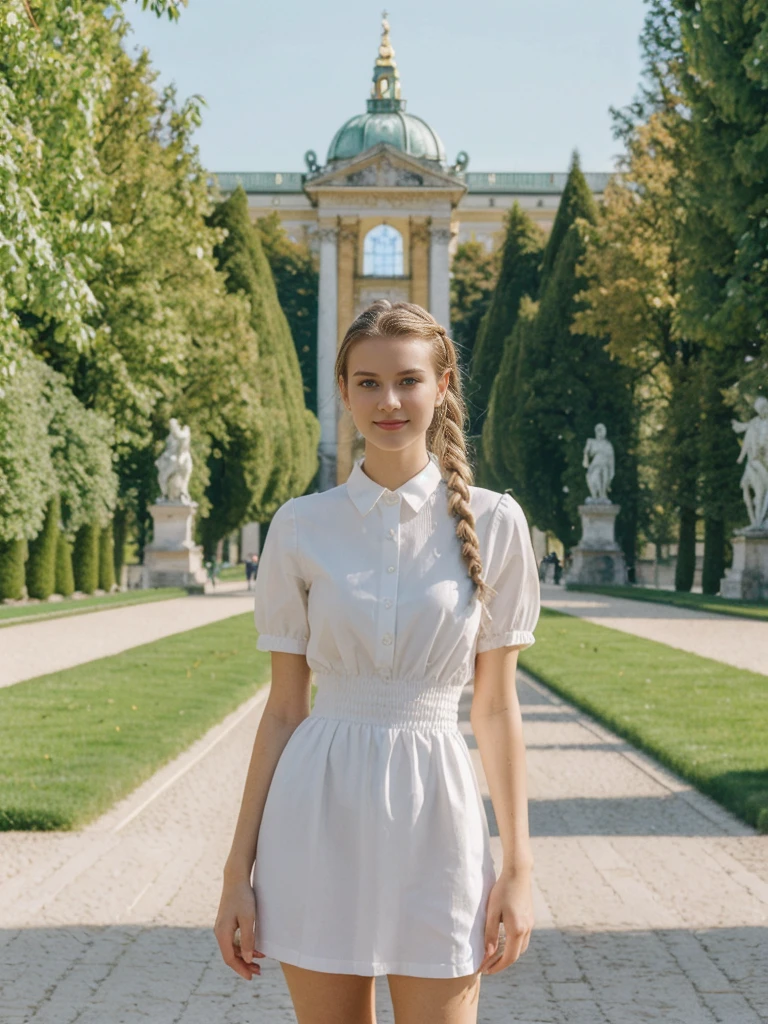 her name is Amelie, high quality, 1girl, ((20-year-old fit Caucasian woman)), ((20 years old)), ((fit)), ((Halo Braid)), pose: standing, wearing unique Generation-Z modern wear bright colored, BACKGROUND: In Schönbrunn Palace Gardens, with the grand palace in the background and beautifully manicured gardens all around
