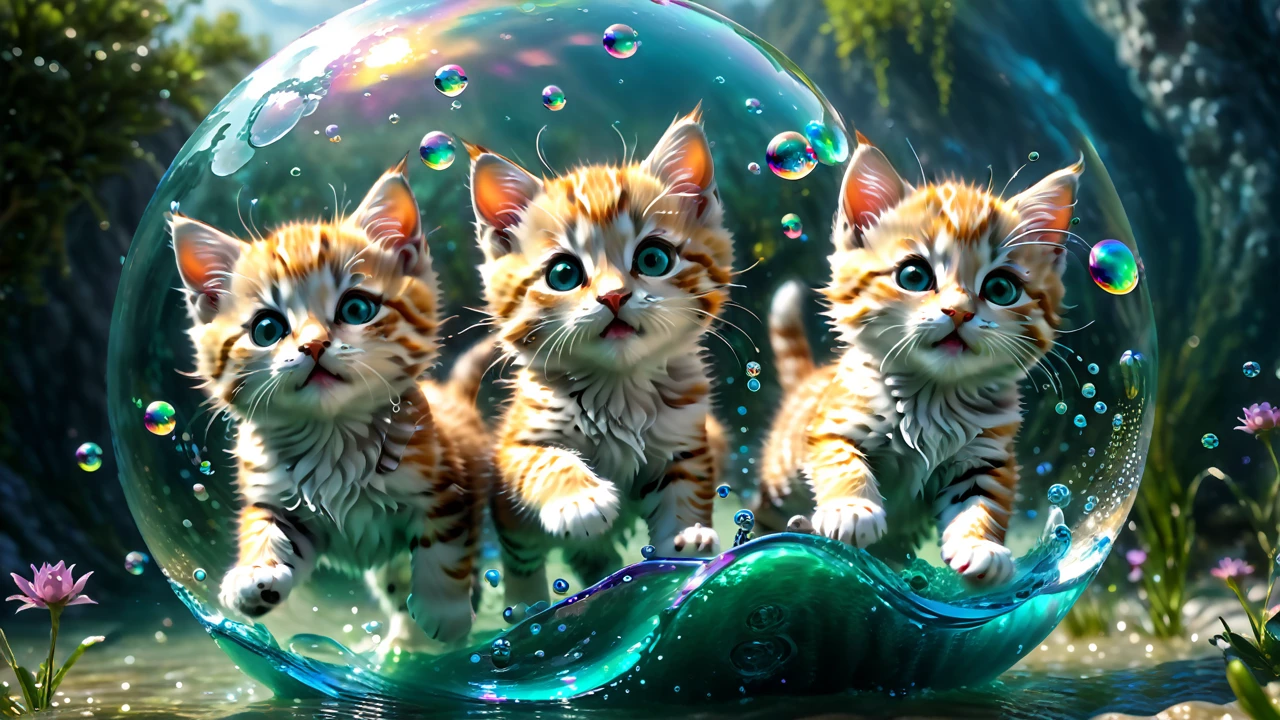 Cute kittens floating in bubbles, Perfect body,High detail, Realistic, Light effects, Hyper Detail, Volumetric lighting, Cinematic, big, Depth of written boundary, Blurry, Surreal Landscape, The imagination swirls, Dream world, Octane Rendering, Great composition, dynamic dramatic Cinematic, art:mooncryptowow, Splashes of color and creative chaos,