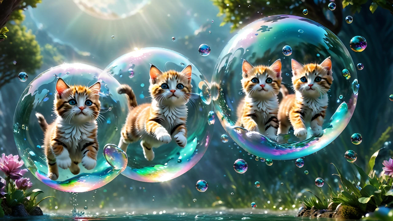 Cute kittens floating in bubbles, Perfect body,High detail, Realistic, Light effects, Hyper Detail, Volumetric lighting, Cinematic, big, Depth of written boundary, Blurry, Surreal Landscape, The imagination swirls, Dream world, Octane Rendering, Great composition, dynamic dramatic Cinematic, art:mooncryptowow, Splashes of color and creative chaos,
