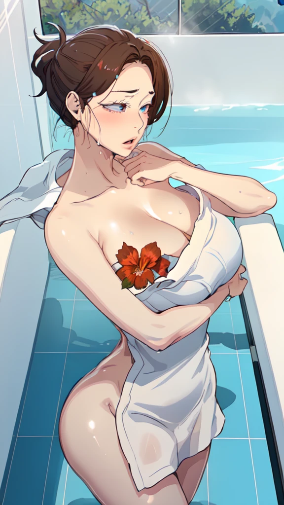 1girl, (mature female, older, huge breasts:1.4), milf, motherly, wide hips, curvy, naked towel, collarbone, lips, HDR, big ass, realistic, hyper detail,very precise detailed,ultra high resolution,extremely detailed CG unity 8k wallpaper,(Realistic,Photorealsitic,hyper realisitic:1.5), girls only, dynamic lighting, ((bold imaginative poses)), (Glossy skin:1.5), masterpiece, highest quality, disorganized, Audience,(Wearing a bath towel:1.4), (purple hair 1.4),((beautiful, fine eyes:1.3)),(wet clothes:1.4), thin, High resolution, sharp focus, Depth of the bounds written, eye for detail, clear eyes, ((Aesthetic Anime Eyes:1.4)), outdoors, sunrise sky,Open-air bath at a long-established hot spring inn,(Wearing a bath towel:1.4)