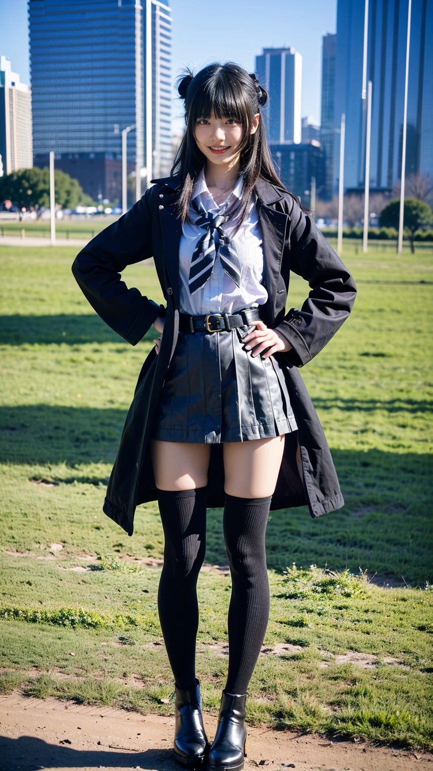 (8K、RAW Photos、Highest quality、masterpiece:1.2)、(Realistic、Realistic)、1 Girl、((Check mini skirt、Long coat、Medium Hair、black、Thin legs、whole body、boots、blackいコート、one piece、tights、garden、View from the front、smile、Looking into the camera、belt、Stand with hands on hips))、cute