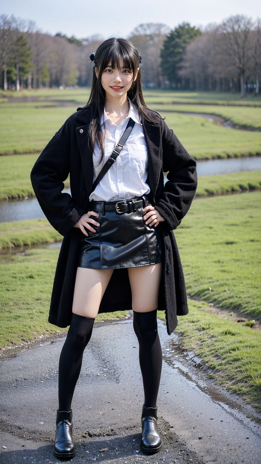 (8K、RAW Photos、Highest quality、masterpiece:1.2)、(Realistic、Realistic)、1 Girl、((Check mini skirt、Long coat、Medium Hair、black、Thin legs、whole body、boots、blackいコート、one piece、tights、garden、View from the front、smile、Looking into the camera、belt、Stand with hands on hips))、cute