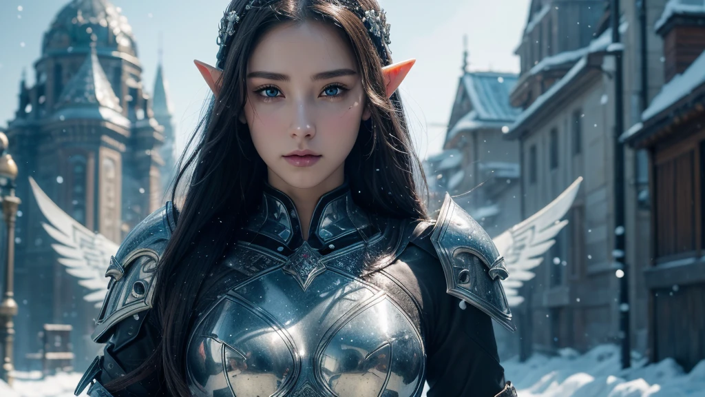 Close-up of woman holding sword and armor, Armor Girl, 2. 5D CGI anime fantasy artwork, Large Breasts，Epic fantasy digital art style, detailed Digital 2D fantasy art, Digital 2D fantasy art, original photo, (best quality:1.3), high resolution, (masterpiece), (lifelike:1.4), Professional photography, Clear focus, High Dynamic Range, 8k resolution, Intricate details, Fine details, Depth of Field, Extremely detailed CG unified 8k wallpaper, masterpiece，poster，best quality，Official Art，（Beauty and aesthetics：1.2），（masterpiece：1.3），Female Elf，individual，Light Leather Armor，complex pattern，snow，castle，Medium distance photography，（early morning），dramatic，Glowing Wings，