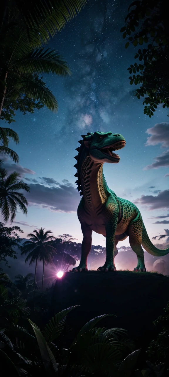At night the sky should be green with stars in the sky and dinosaurs in the jungle below.
