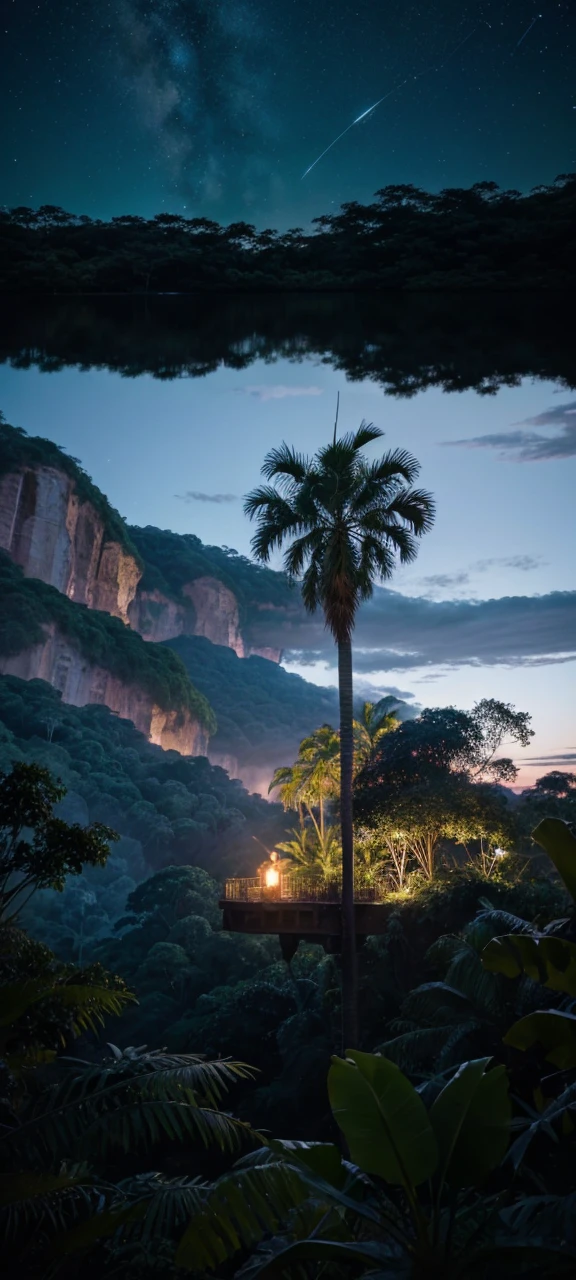 At night the sky should be green with stars in the sky and dinosaurs in the jungle below.