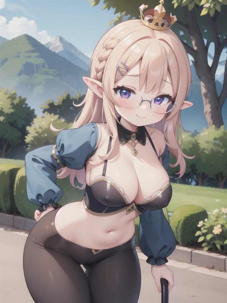 master-piece, bestquality, 1girls,, View viewers from front, HD, slight smile, big tits, cleavage, tights cloth, , tiny body, leaning forward, outdoor, mountain, wear glasses, under tits cleavage, look down, stand up, aazelda, crown braid, hairclip, pointy ears, puffy sleeves, long sleeves, black pants, tight pants, large hips,