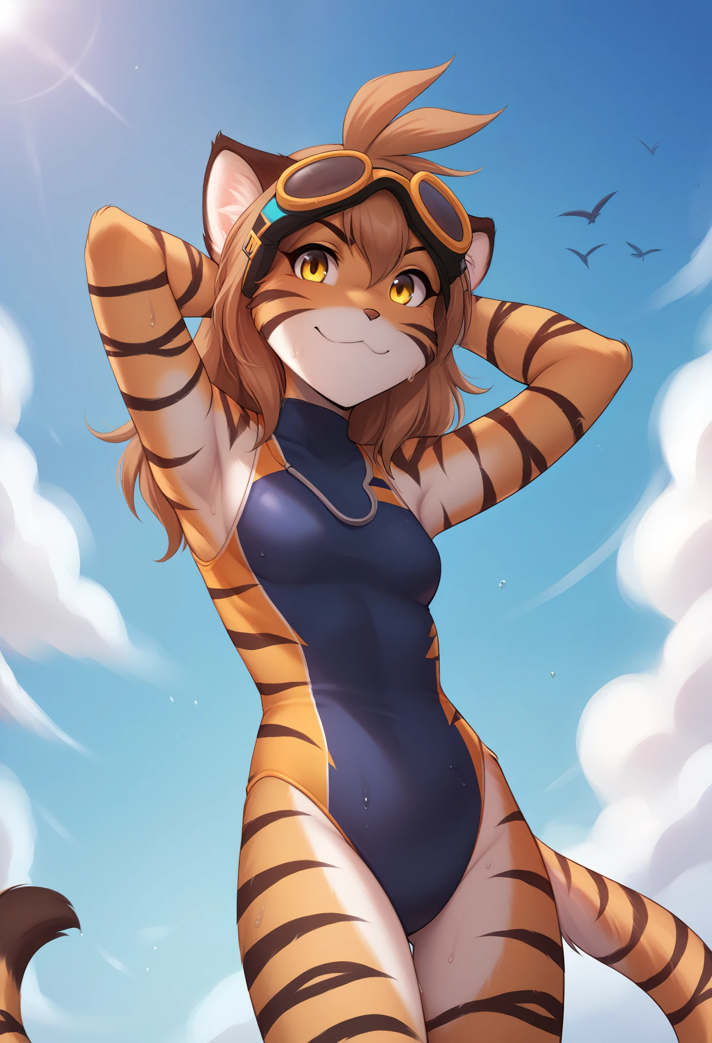 score_9, score_8_up, score_7_up, score_6_up, score_5_up, score_4_up, rating_safe, source_furry, a female anthro fluffy, 1girl, solo, female, furry, anthro, fluffy tail, small breasts, tiger, striped fur, yellow eyes, anthro, confused smile, light (blush:1.05), (sweat, sweaty, steam:1.2), (bottom view:1.1), beach background, flora-twokinds, standing, looking at viewer, (shy:1.2),  hands behind head, personalamistyle, (diving mask, monokini wetsuit:1.15)