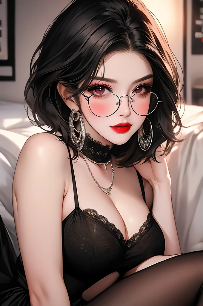 Masterpiece, best quality, 8K, high tone, super detail, Hot sexy beautiful cute milf , silver hoop earrings,big breasts,  lipstick,makeup, black hair ,blush,short hair ,black glasses , stockings , red eyes,makeup,red lipstick , white shirt,skirt stocking,big breasts, cleavage ,upper body 