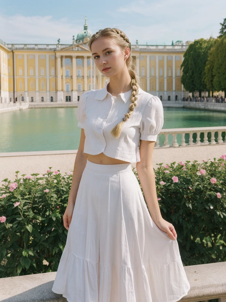 her name is Amelie, high quality, 1girl, ((20-year-old fit Caucasian woman)), ((20 years old)), ((fit)), ((Halo Braid)), pose: standing, wearing unique Generation-Z modern wear pastel colored, BACKGROUND: In Schönbrunn Palace Gardens, with the grand palace in the background and beautifully manicured gardens all around