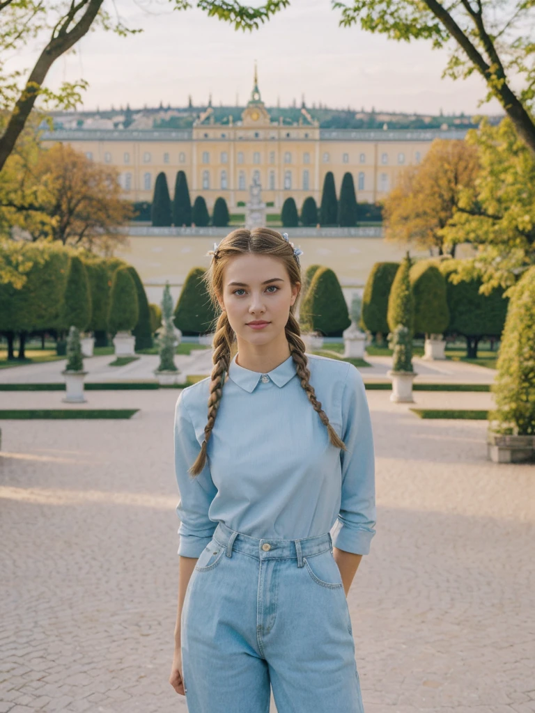 her name is Amelie, high quality, 1girl, ((20-year-old fit Caucasian woman)), ((20 years old)), ((fit)), ((Halo Braid)), pose: standing, wearing unique Generation-Z modern wear pastel colored, BACKGROUND: In Schönbrunn Palace Gardens, with the grand palace in the background and beautifully manicured gardens all around