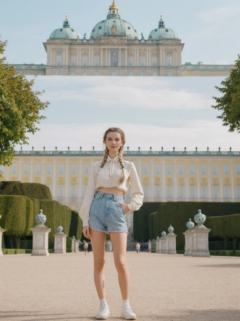 her name is Amelie, high quality, 1girl, ((20-year-old fit Caucasian woman)), ((20 years old)), ((fit)), ((Halo Braid)), pose: standing, wearing unique Generation-Z modern wear pastel colored, BACKGROUND: In Schönbrunn Palace Gardens, with the grand palace in the background and beautifully manicured gardens all around