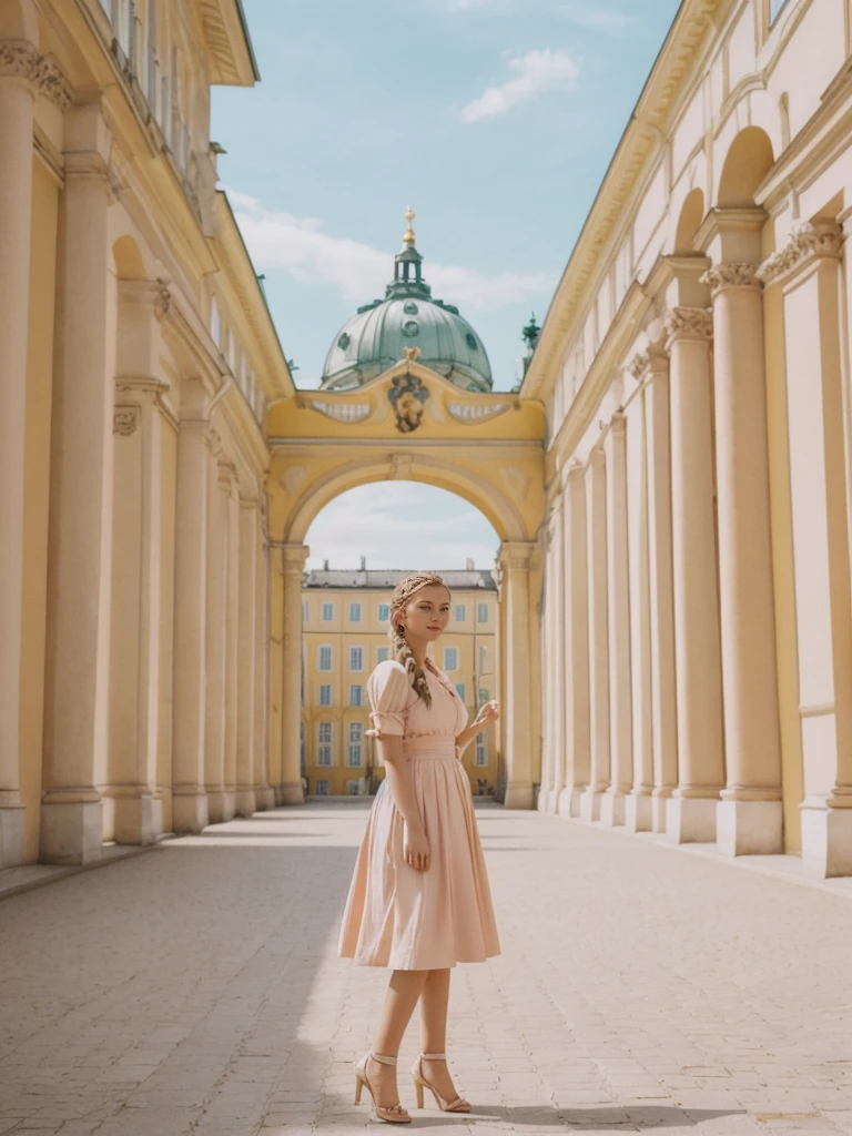 her name is Amelie, high quality, 1girl, ((20-year-old fit Caucasian woman)), ((20 years old)), ((fit)), ((Halo Braid)), pose: standing, wearing unique Generation-Z modern wear pastel colored, BACKGROUND: In Schönbrunn Palace Gardens, with the grand palace in the background and beautifully manicured gardens all around