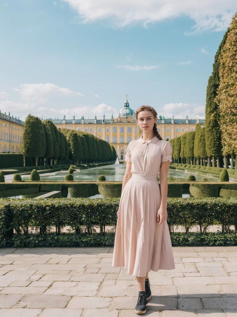 her name is Amelie, high quality, 1girl, ((20-year-old fit Caucasian woman)), ((20 years old)), ((fit)), ((Halo Braid)), pose: standing, wearing unique Generation-Z modern wear pastel colored, BACKGROUND: In Schönbrunn Palace Gardens, with the grand palace in the background and beautifully manicured gardens all around